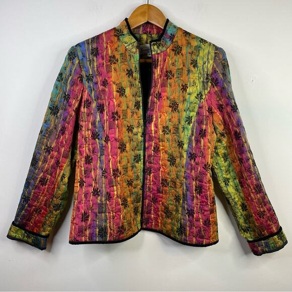 Vintage 80s Elliott Lauren Rainbow Boho Artsy Floral Quilted Zip Up Jacket 6 M - Picture 1 of 10